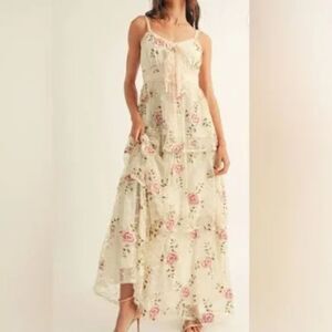 Just Me Floral Lace-Trim Maxi Dress in Cream with Pink Rose Print S